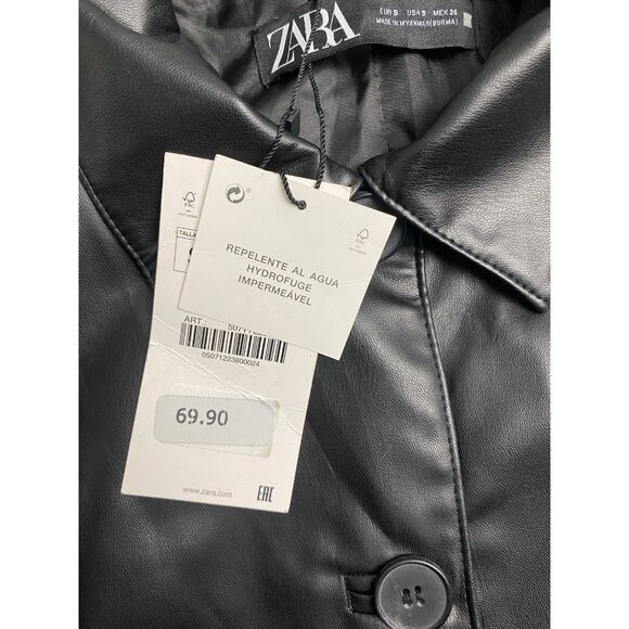 Zara Black Faux Leather Short Trench Water Repellent Jacket Women’s Size Small - Picture 12 of 13